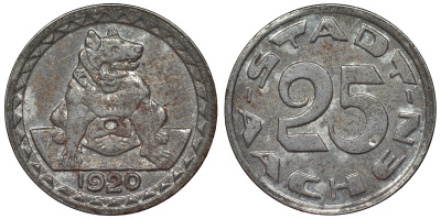 Германия, Ахен 25 пфеннигов 1920 Северный Рейн-Вестфалия, нотгельд Funck 1.9? железо 4121-327