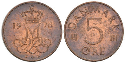 Дания 5 эре 1976 S; B, Маргрете II (1972- ) KM 859.1 железо плакированное медью 4609-1116