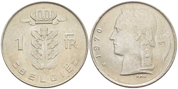 БЕЛЬГИЯ 1 ФРАНК 1970 BELGIE, БОДУЭН I (1951-1993) KM 143.1 медно-никель 213-342