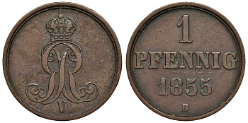 Ганновер 1 пфенниг 1855 B, Георг V KM 221, AKS 155, J. 83 медь 4594-545