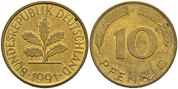 ФРГ 10 ПФЕННИГОВ 1991 F KM 108, J.383 сталь плакированная латунью 75-657