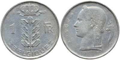 БЕЛЬГИЯ 1 ФРАНК 1952 BELGIQUE KM 142.1 медно-никель 4388-124