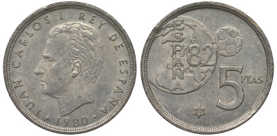 Испания 5 песет 1980 (82) чемпионат мира по футболу KM 817 медно-никель 4128-1027