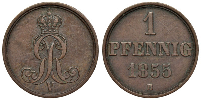 Ганновер 1 пфенниг 1855 B, Георг V KM 221, AKS 155, J. 83 медь 4594-545