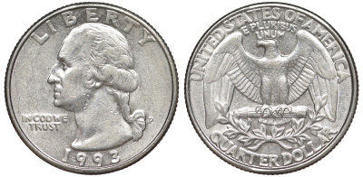 США 25 центов (квотер) 1993 P, Вашингтон KM А164а медь плакированная медно-никелем 259-454