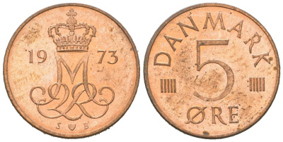 Дания 5 эре 1973 S; B, Маргрете II (1972-2024) KM 859.1 железо плакированная медью aUNC 3955-545