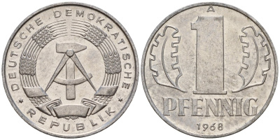 ГДР 1 пфенниг 1968 A KM 8.1 алюминий 105-261