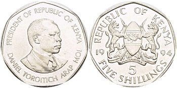 Кения 5 шиллингов 1994 Дэниэл арап Мои KM 23а сталь плакированная никелем UNC 4512-311