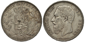 Бельгия 5 франков 1868 Леопольд II (1865-1909) KM 24 серебро 443-211