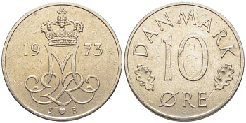 ДАНИЯ 10 ЭРЕ 1973 S; B, МАРГРЕТЕ II (1972-) KM 860.1 медно-никель 116-241