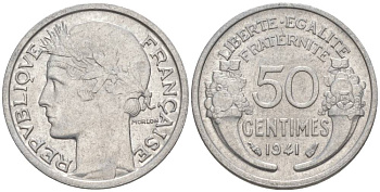 ФРАНЦИЯ 50 САНТИМОВ 1941 ТИП MORLON LOURDE KM 894.1a, LE FRANC 193.2 алюминий 44-256