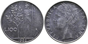 ИТАЛИЯ 100 ЛИР 1982 R, АФИНА KM 96.1 сталь 3334-944