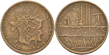 Франция 10 франков 1977 тип Матье KM 940, Le Franc 365.9-10 никель латунь 4593-545