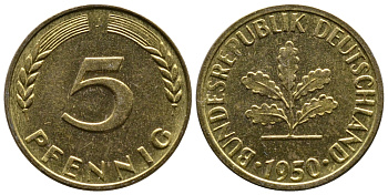 ФРГ 5 ПФЕННИГОВ 1950 J KM 107, J.382 сталь плакированная латунью 26-1068