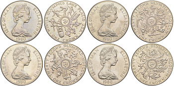 Остров Мэн полный набор из 4 монет (1 крона) 1980 XXIII Олимпиада 1980 года в Москве и Зимняя олимпиада в Лейк-Плесиде KM 64, 65, 66 и 67 медно-никель BU 74-322-325