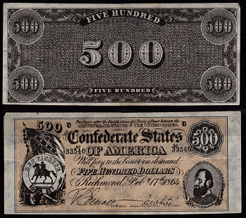 Конфедеративные Штаты Америки 500 долларов 1864 копия банкноты. Генерал Томас Джонатан «Стоунволл» Джексон. бумага 6289-10-1-1