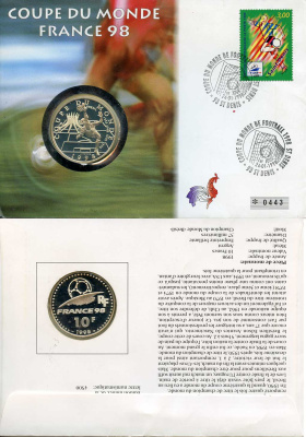 Франция 10 франков 1998 Чемпионат мира по футболу во Франции 1998 года, Чемпионы сборная Бразилии 1958, 1962, 1970, 1994, в оригинальном конверте со спецгашением KM 1162 серебро  PROOF  00-00