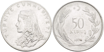Турция 50 курушей 1974 Анатолийская невеста KM 899 нержавеющая сталь 4541-932