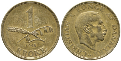 ДАНИЯ 1 КРОНА 1945 N; S, КРИСТИАН X (1912-1947) KM 835 алюминиевая бронза 32-321