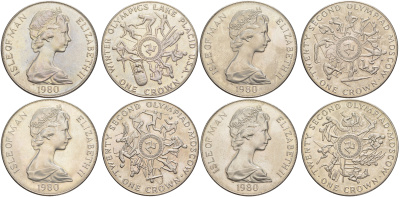 Остров Мэн полный набор из 4 монет (1 крона) 1980 XXIII Олимпиада 1980 года в Москве и Зимняя олимпиада в Лейк-Плесиде KM 64, 65, 66 и 67 медно-никель BU 74-322-325