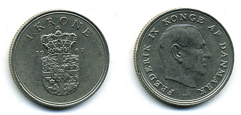 ДАНИЯ 1 КРОНА 1967 C; S, ФРЕДЕРИК IX (1947-1972) KM 851.1 медно-никель 56-513