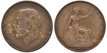 Великобритания 1 пенни 1921 Георг V (1910-1936) KM 810, Spink 4051 бронза 4123-1133