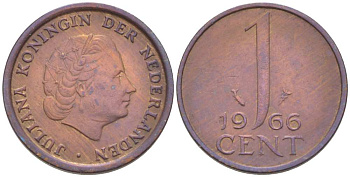 НИДЕРЛАНДЫ 1 ЦЕНТ 1966 ЮЛИАНА (1948-1980) KM 180 бронза 3309-334