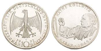 ФРГ 10 марок 1992 G, 125 лет со дня рождения Кете Кольвиц KM 178 серебро UNC 4634-1026