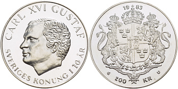 Швеция 200 крон 1983 Карл XVI Густав (1973- ), 10 лет правления, в оригинальной пластиковой упаковке KM 862 серебро BUNC 1072-6-13