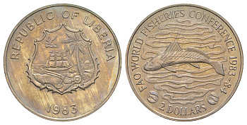 Либерия 2 доллар 1983 ФАО - Всемирная конференция по рыбному хозяйству KM 47 медно-никель BU 413-3433