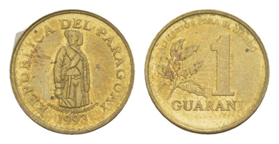 Парагвай 1 гуарани 1993 KM 192 сталь плакированная латунью UNC 4644-839