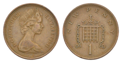 Великобритания 1 пенни 1971 Елизавета II (1952-2022) KM 915, Spink 4237 (B1) бронза 4647-1153