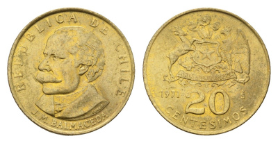 Чили 20 сентесимо 1971 KM 195 алюминиевая бронза UNC 4643-936