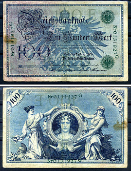 Германия 100 марок 1908 7 февраля 1908, выпуск конец 1916 - ноябрь 1918, зеленая печать Pick 34 бумага 8619-30-2-1