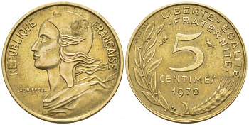 ФРАНЦИЯ 5 САНТИМОВ 1970 ТИП MARIANNE KM 933 медь алюминий никель 112-829