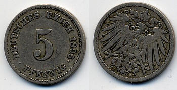 ГЕРМАНИЯ 5 ПФЕННИГОВ 1896 J, KM 11, J. 12 медно-никель 51-5263