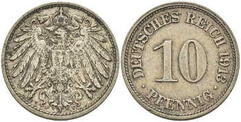 ГЕРМАНИЯ 10 ПФЕННИГОВ 1913 F KM 12, J. 13, Weege 8 медно-никель 212-227