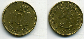 ФИНЛЯНДИЯ 10 ПЕНИИ 1972 KM 46 алюминиевая бронза 61-1231