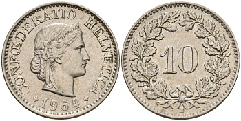 Швейцария 10 раппенов 1964 В KM 27 медно-никель    4152-1138