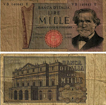 Италия 1000 лир 1971 Джузеппе Верди, Милин Ла Скала Pick 101b бумага 7484-27-3