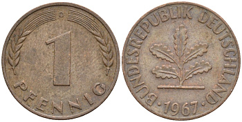 ФРГ 1 пфенниг 1967 D KM 105, J.380 сталь плакированная медью 4174-614