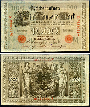 Германия 1000 марок 1910 21 апреля 1910, красная печать, номер семизначный, серия G, буква M, выпуск АПРЕЛЬ - ИЮЛЬ 1918 Pick 44 b бумага 2194-35-2-1