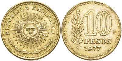 Аргентина 10 песо 1977 Ba, майское солнце KM 72 алюминиевая бронза 68-612