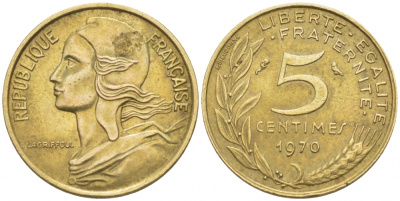 ФРАНЦИЯ 5 САНТИМОВ 1970 ТИП MARIANNE KM 933 медь алюминий никель 112-829