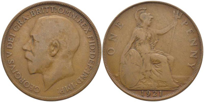 Великобритания 1 пенни 1921 Георг V (1910-1936) KM 810, Spink 4051 бронза 115-213