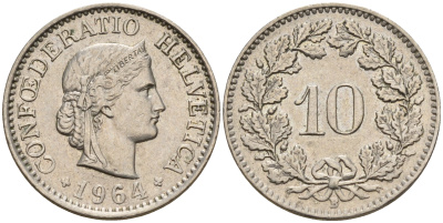 Швейцария 10 раппенов 1964 В KM 27 медно-никель    4152-1138