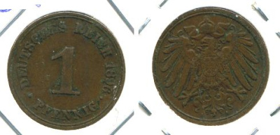 ГЕРМАНИЯ 1 ПФЕННИГ 1896 А KM 10, J. 10 медь 701-133