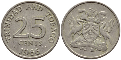 Тринидад и Тобаго 25 центов 1966 герб KM 4 медно-никель 4396-639