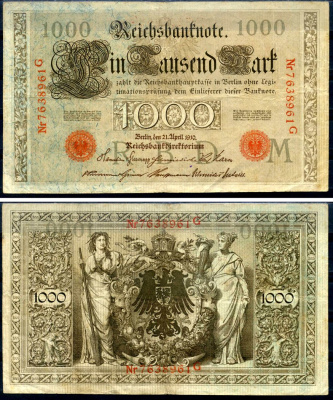 Германия 1000 марок 1910 21 апреля 1910, красная печать, номер семизначный, серия G, буква M, выпуск АПРЕЛЬ - ИЮЛЬ 1918 Pick 44 b бумага 2194-35-2-1