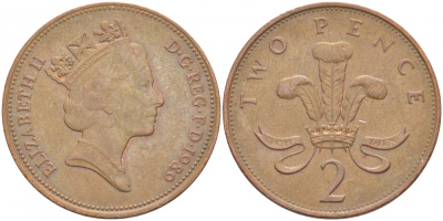 Великобритания 2 пенса 1989 Елизавета II (1952-2022) KM 936, Spink 4376 (C3) бронза 77-152